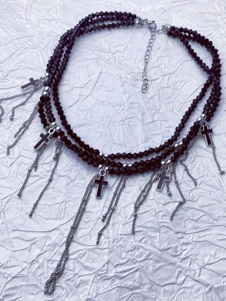 Gothic Fringe Cross Charms Layered Bead Necklace - vintage fashion, retro style, elegant red
