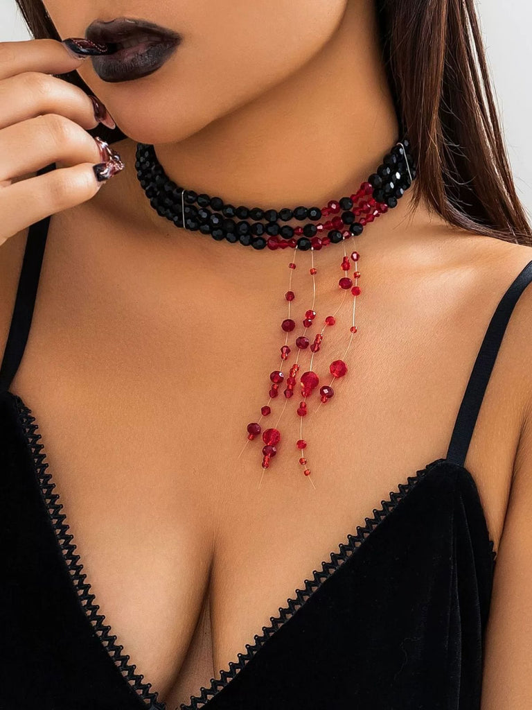 Gothic Multi-Layered Beaded Blooddrop Pendant Necklace - vintage fashion, retro style, elegant red