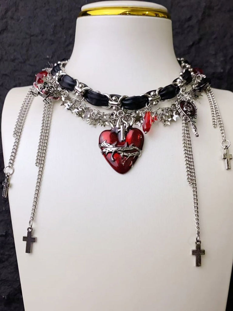 Gothic Thorns Heart Leather Cross Tassel Choker - vintage fashion, retro style