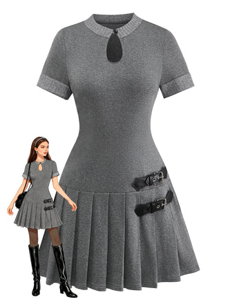 Gray 1970s Knitted Leather Buckle Pleated Dress - vintage dress, retro fashion