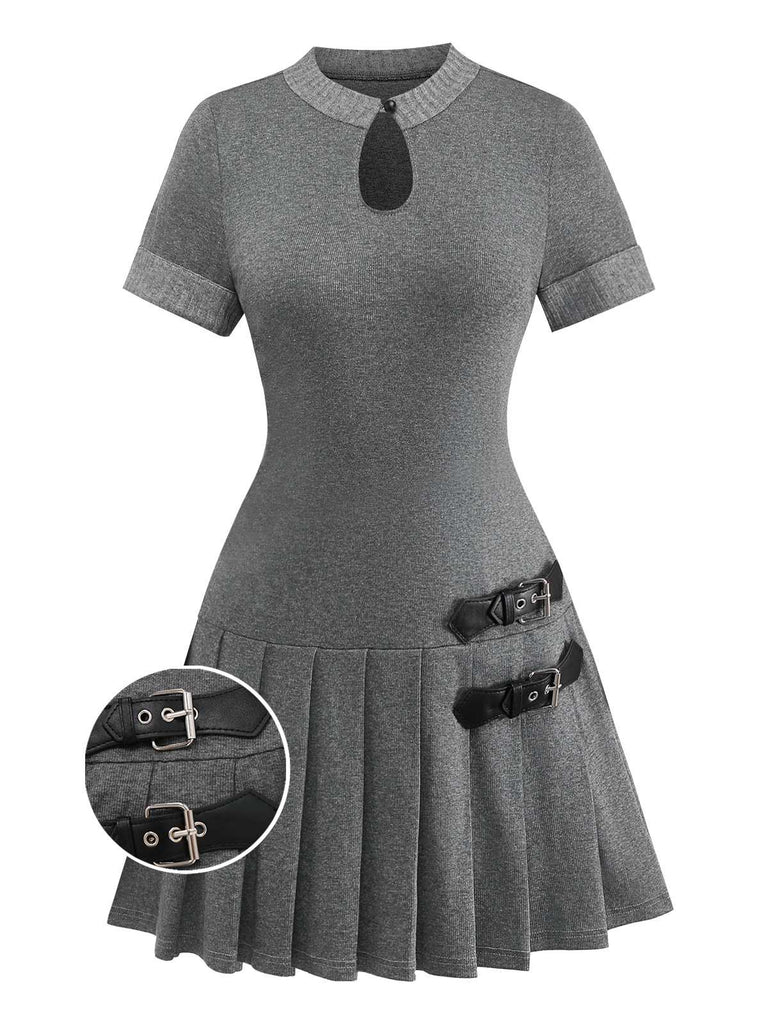 Gray 1970s Knitted Leather Buckle Pleated Dress - vintage dress, retro fashion