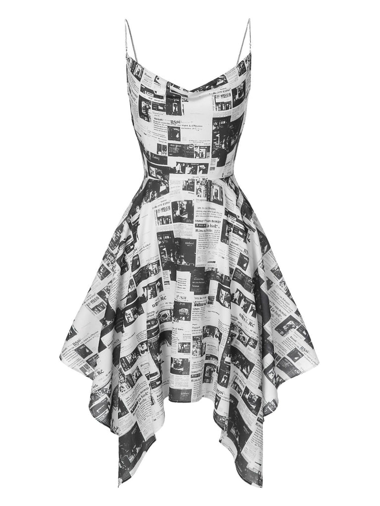 Gray 1970s Spaghetti Straps Cowl Neck Newspaper Dress, vintage dress, retro fashion - perfect for women who love vintage and retro fashion