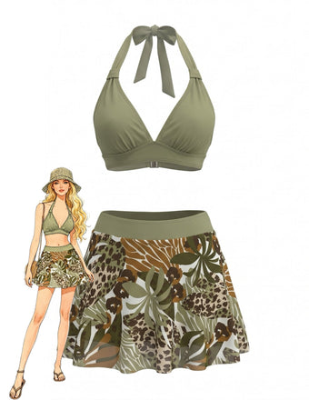 Gray Green 1980s Tropical Leopard Halter Tie Skirted Bikini Set, vintage skirt, retro style - perfect for women who love vintage and retro fashion