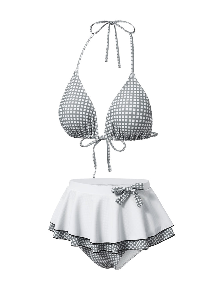 This Gray & White 1940s Gingham Plaid Bow Halter Swimsuit carries 1940s vacation dreams in every stitch