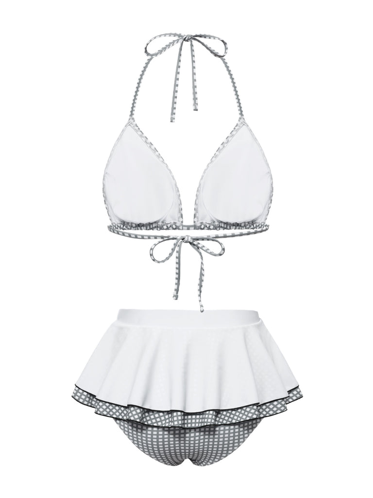 Gray & White 1940s Gingham Plaid Bow Halter Swimsuit — because 1940s glamour never goes out of style