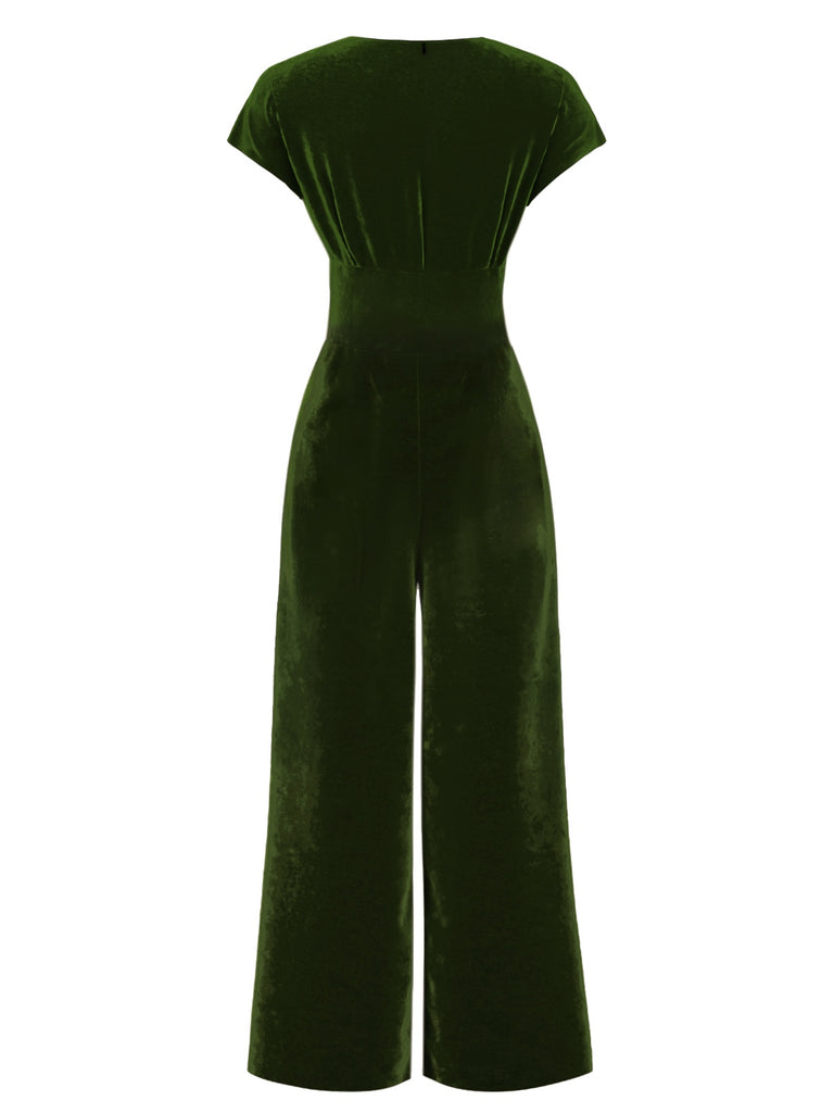 Green 1930s Buttoned V-Neck Velvet Jumpsuit, vintage romper, retro jumpsuit - perfect for women who love vintage and retro fashion