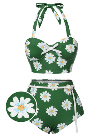 Green 1930s Daisy Halter Swimsuit, vintage swimsuit, pin-up swimwear - perfect for women who love vintage and retro fashion