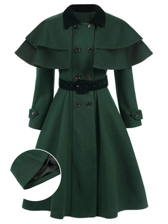 Green 1930s Double-Breasted Belted Coat With Cape - vintage fashion, retro style