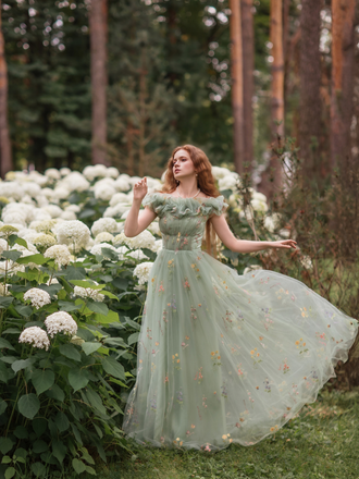 Green 1930s Floral Embroidered Mesh Strapless Dress, vintage dress, retro fashion, floral print - perfect for women who love vintage and retro fashion