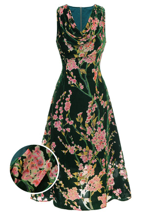Green 1930s Floral Velvet Sleeveless Dress, vintage dress, retro fashion, floral print - perfect for women who love vintage and retro fashion