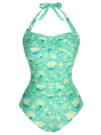 Green 1930s Halter Plants Print One-Piece Swimsuit, vintage swimsuit, pin-up swimwear - perfect for women who love vintage and retro fashion