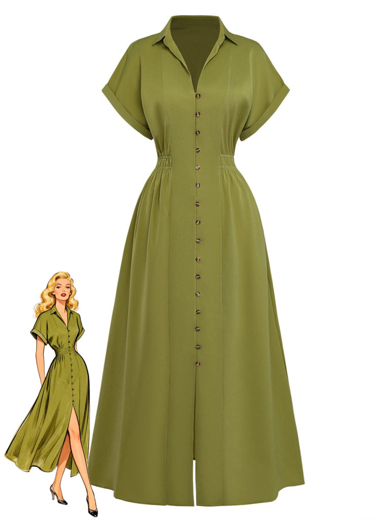 Green 1930s Lapel Single-Breasted Slit Shirt Dress - vintage dress, retro fashion