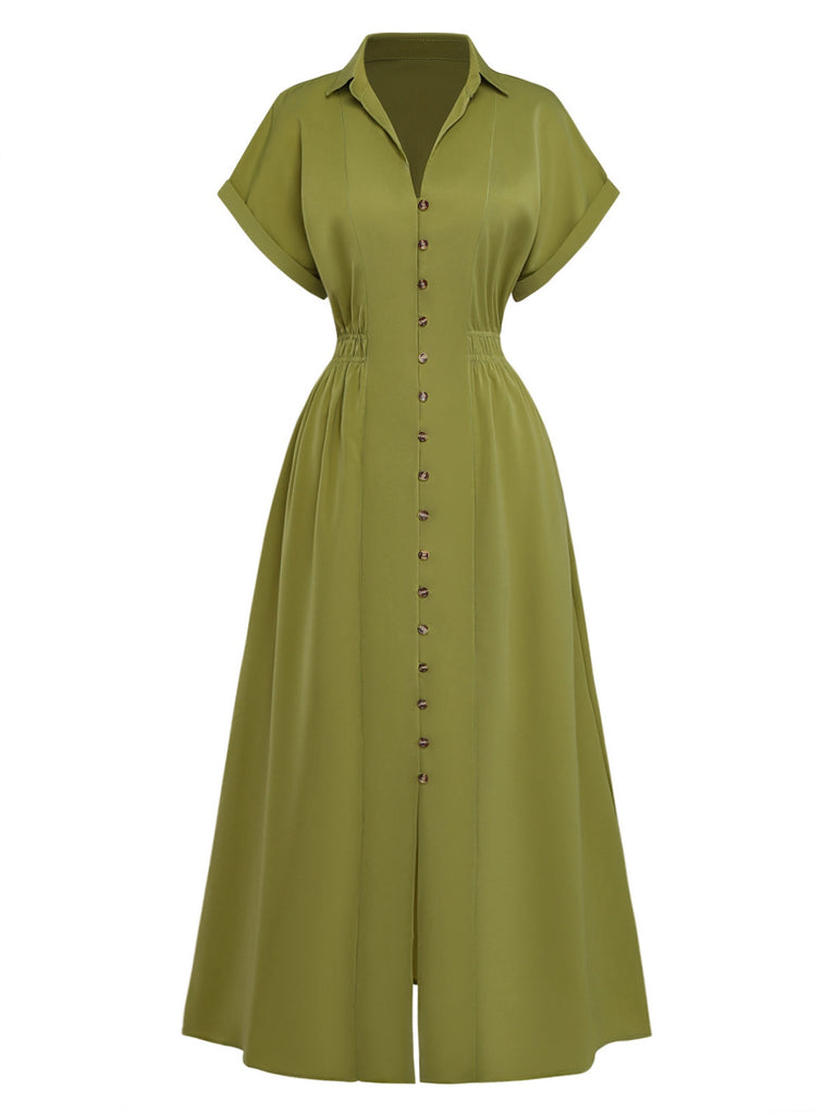 Green 1930s Lapel Single-Breasted Slit Shirt Dress - vintage dress, retro fashion