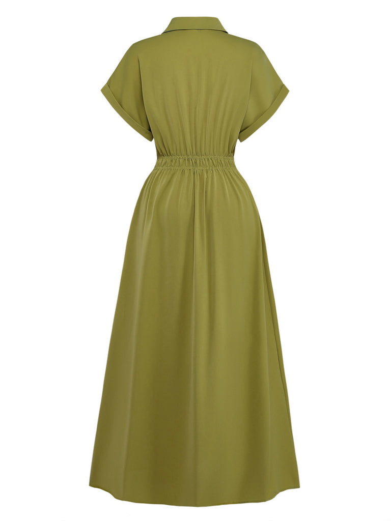 Green 1930s Lapel Single-Breasted Slit Shirt Dress - vintage dress, retro fashion