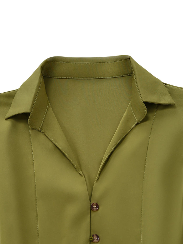 Green 1930s Lapel Single-Breasted Slit Shirt Dress - vintage dress, retro fashion