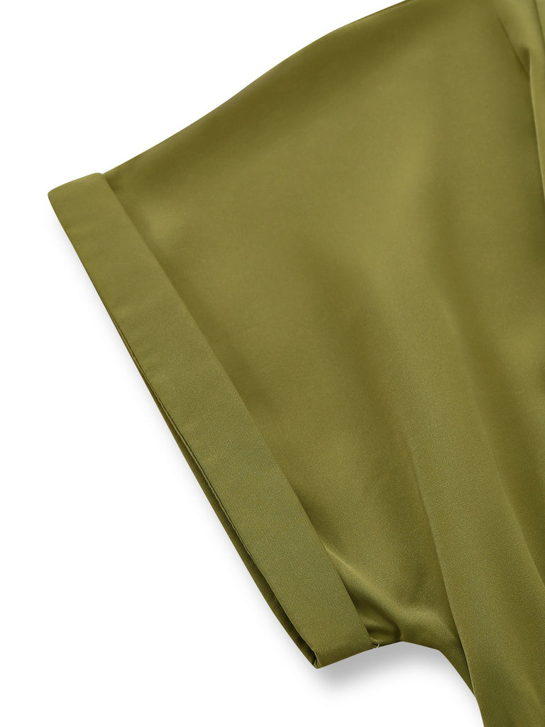 Green 1930s Lapel Single-Breasted Slit Shirt Dress - vintage dress, retro fashion