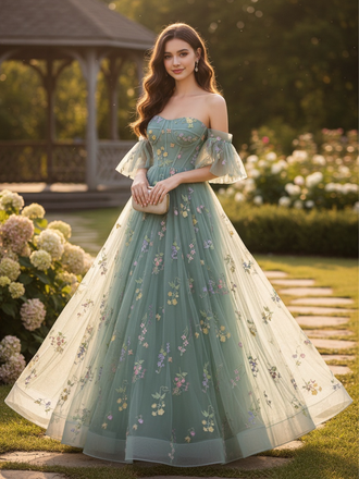 Green 1930s Off-Shoulder Floral Embroidered Tulle Maxi Dress, vintage dress, retro fashion, floral print - perfect for women who love vintage and retro fashion