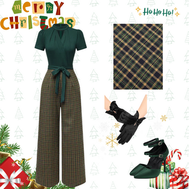 She adds this Green 1930s Plaid Keyhole Neck Belted Jumpsuit and suddenly it's 1930s perfection
