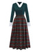 Green 1930s Plaid Lace Patchwork V-Neck Dress - vintage dress, retro fashion