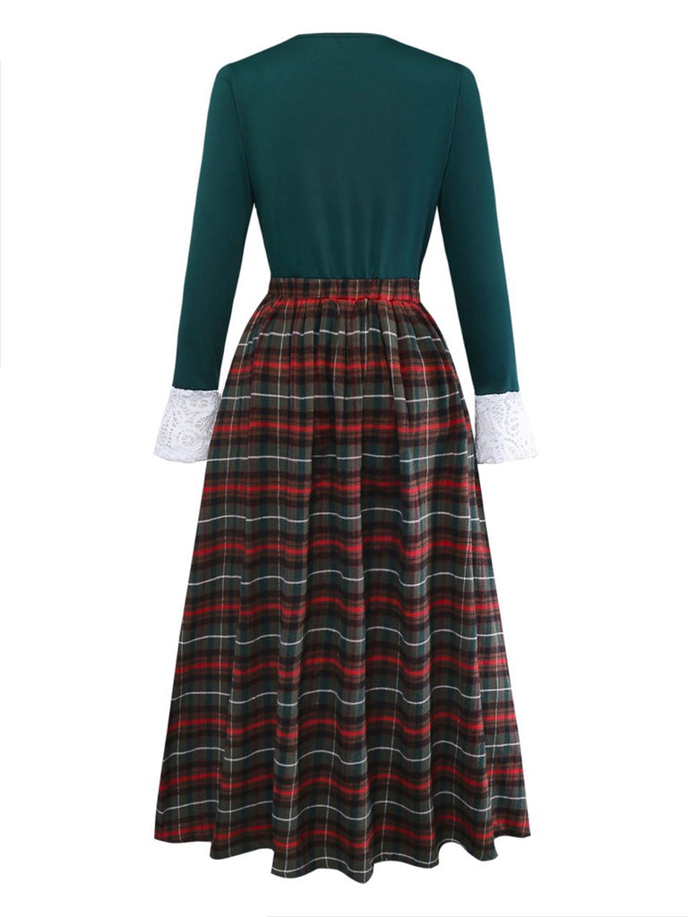 Green 1930s Plaid Lace Patchwork V-Neck Dress - vintage dress, retro fashion