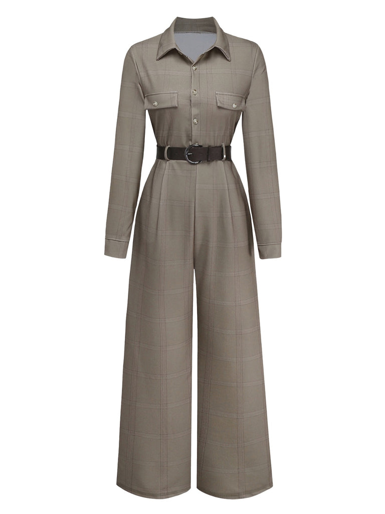 Green 1930s Plaid Lapel Belted Jumpsuit - vintage jumpsuit, retro fashion