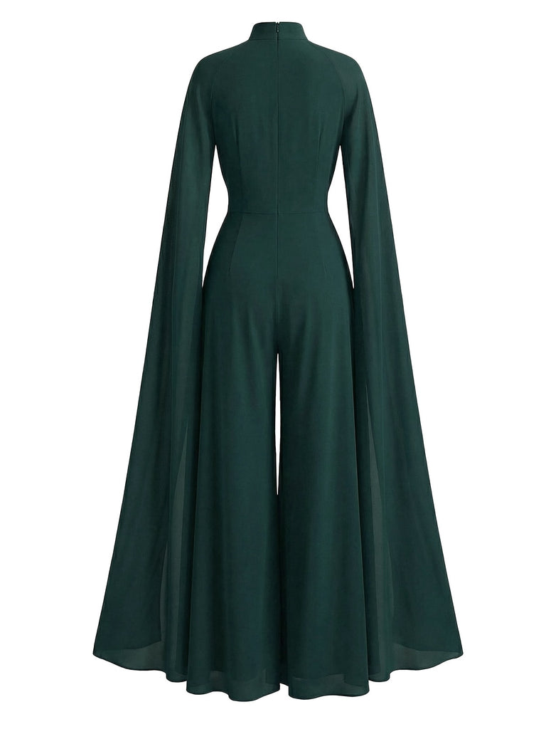 1930s Satin Long Sleeve Ruffled Hem Ruched Jumpsuit