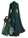 Green evening gown with long sleeves and a cape-like feature, worn by a model holding a glass of wine.