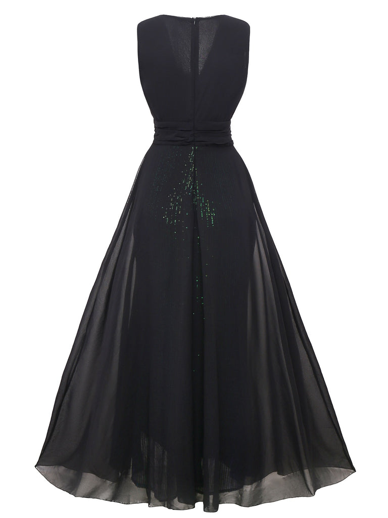 Green 1930s Sequin Deep V Tulle Sleeveless Dress - vintage dress, retro fashion