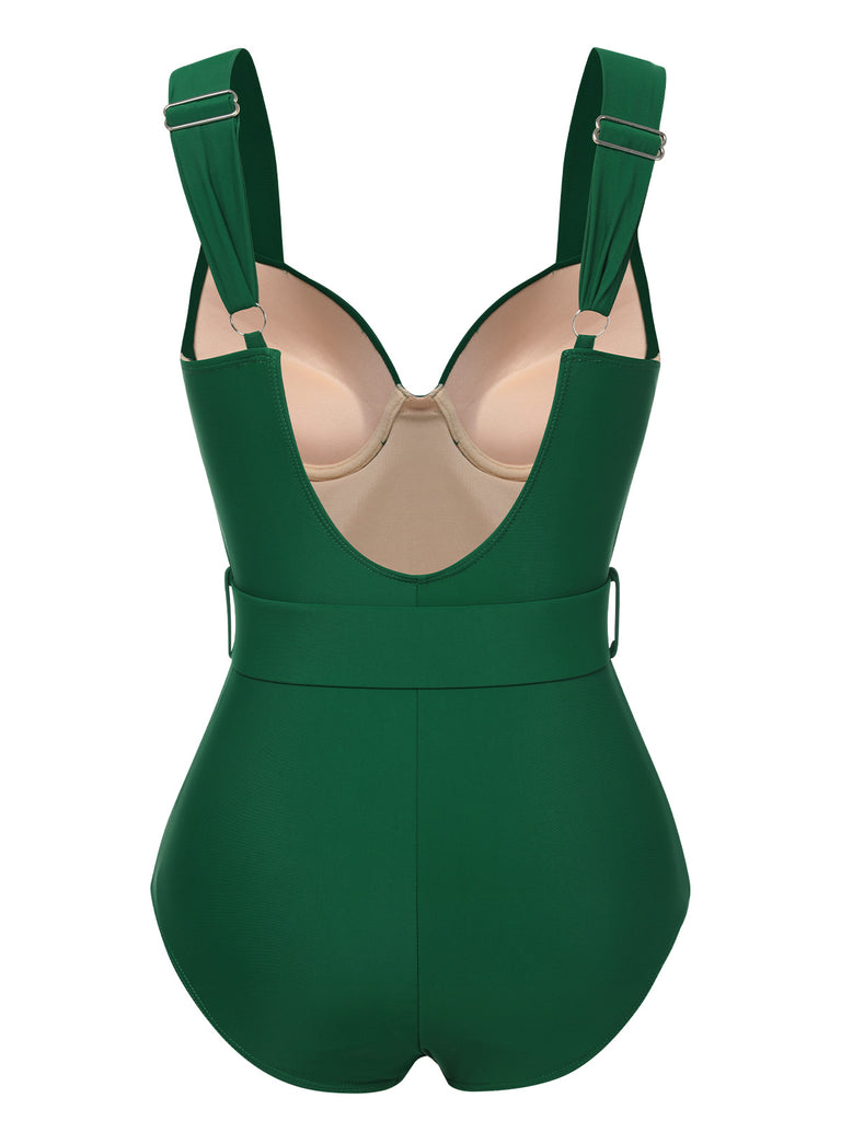 This Green 1930s Solid Belt Backless Swimsuit carries 1930s vacation dreams in every stitch
