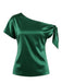Green 1930s Solid Satin One-Shoulder Tie Knot Top - vintage blouse, retro top, classic style for vintage lovers