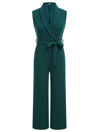 Green 1930s Solid Sleeveless Lapel Jumpsuit: timeless 1930s elegance she makes her own