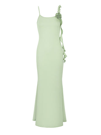 Green 1930s Spaghetti Strap 3D Flower Maxi Dress - vintage dress, retro fashion