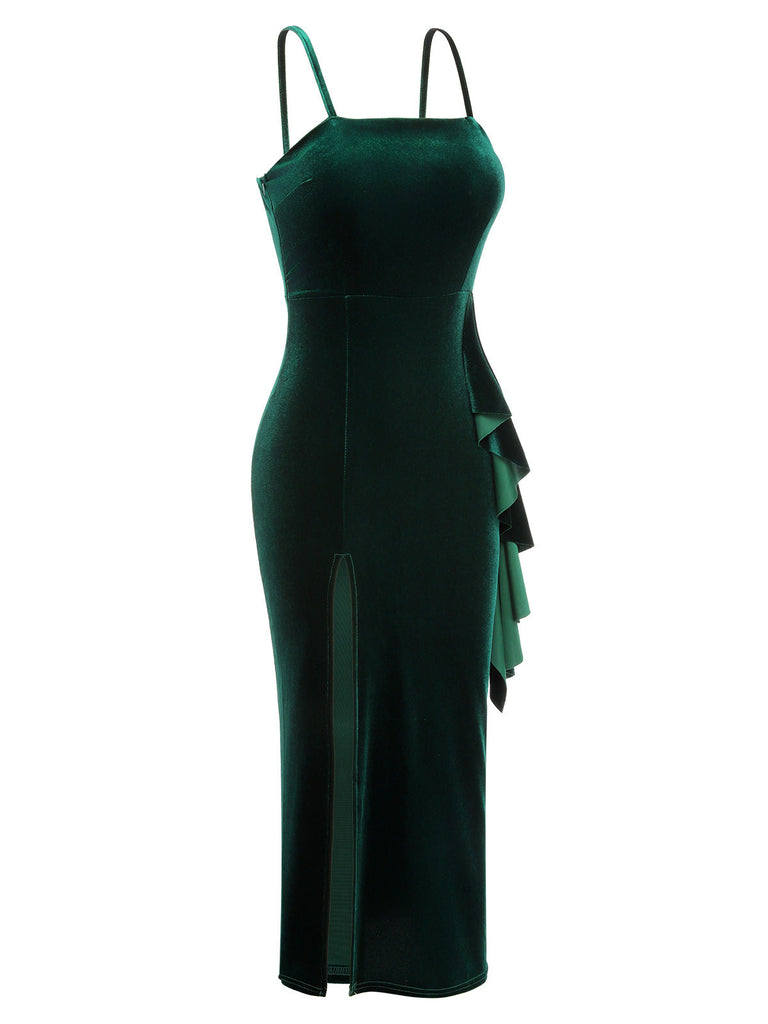 Green 1930s Spaghetti Strap Velvet Slit Dress, vintage dress, retro fashion - perfect for women who love vintage and retro fashion
