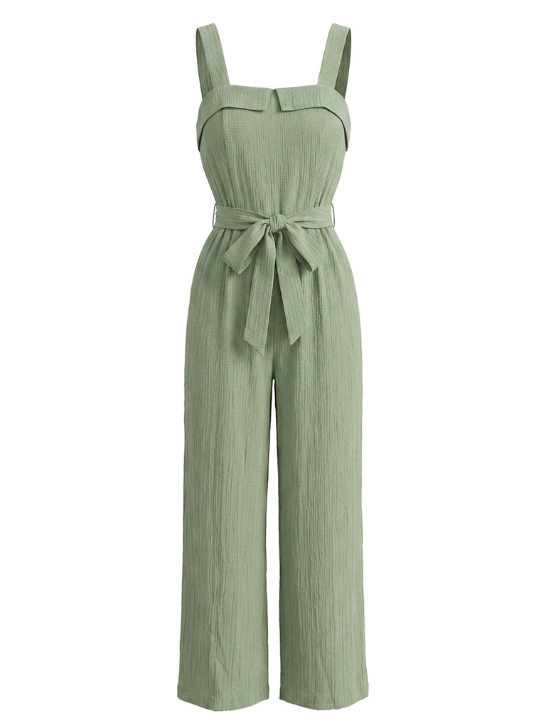 Green 1930s Square Neck Belt Wide Leg Cami Jumpsuit, vintage romper, retro jumpsuit - perfect for women who love vintage and retro fashion