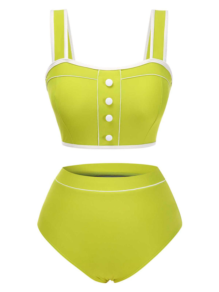 She's wearing Green 1930s Strap High Waist Button Swimsuit and the whole beach remembers the 1930s