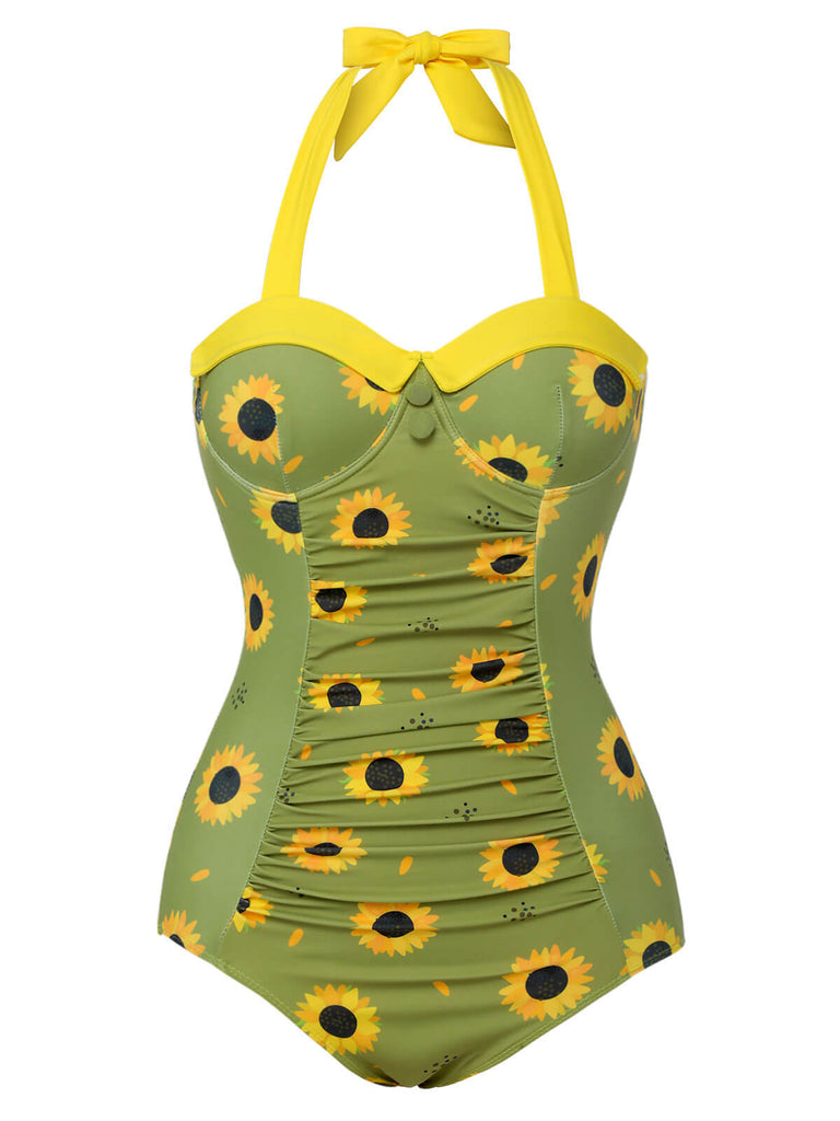 Green 1930s Sunflowers Halter Swimsuit, vintage swimsuit, pin-up swimwear - perfect for women who love vintage and retro fashion