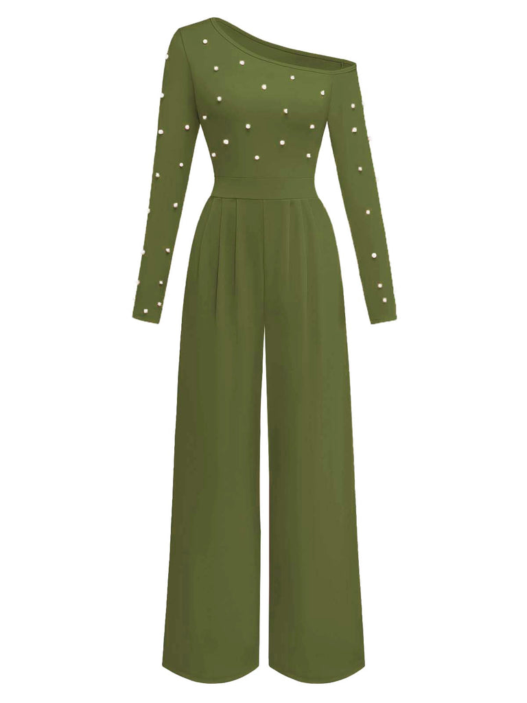 Green jumpsuit with pearl embellishments on a white background