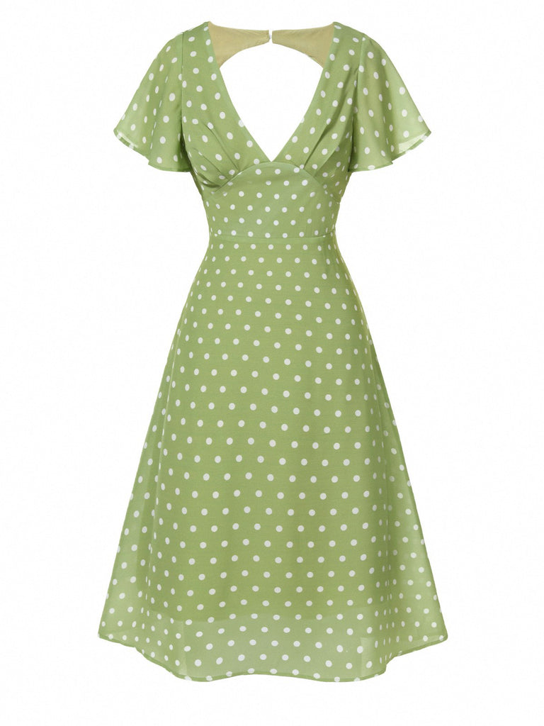 Green 1940s Back Hollow-Out Polka Dots Dress: where 1940s romance meets her modern spirit