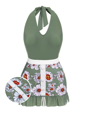 Green 1940s Floral Halter One-Piece Swimsuit: timeless style reimagined