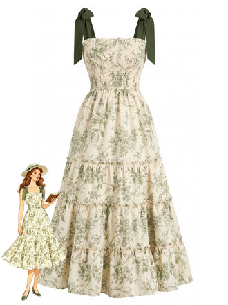 Green 1940s Floral Shoulder-Tie Tiered Dress, vintage dress, retro fashion - vintage inspired fashion