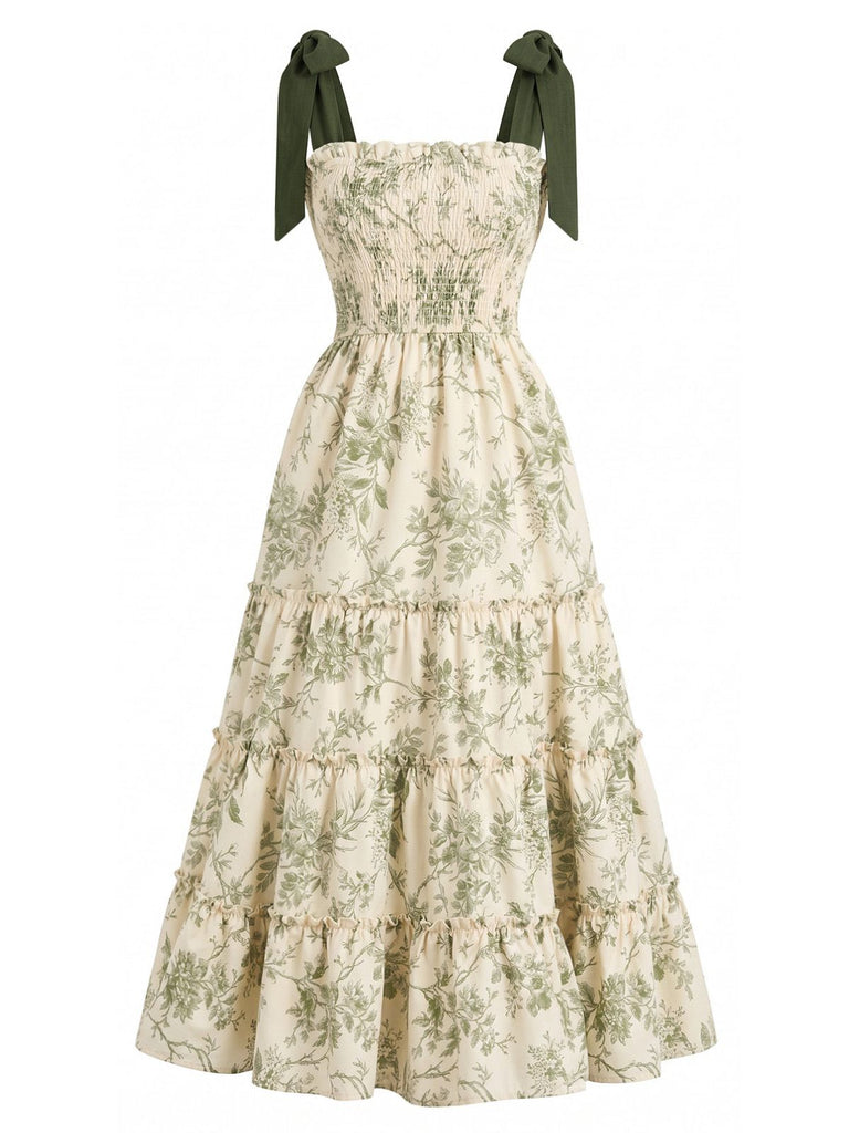 Green 1940s Floral Shoulder-Tie Tiered Dress, vintage dress, retro fashion - vintage inspired fashion