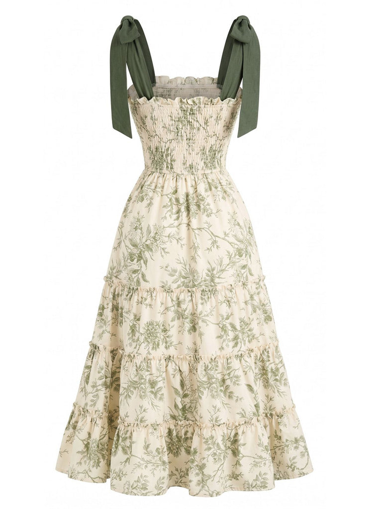 Green 1940s Floral Shoulder-Tie Tiered Dress, vintage dress, retro fashion - vintage inspired fashion