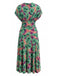 Green-1940s-Floral-V-Neck-Smocked-Waist-Dress, vintage, retro, dress