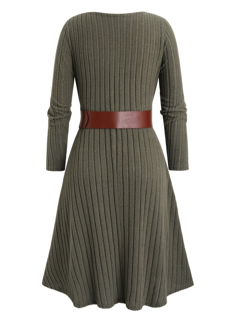 Green 1940s Knit Layered Long Sleeve Belted Dress - vintage dress, retro fashion, elegant red