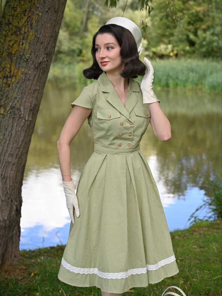 Green 1940s Lace Plaid Cotton Patchwork Dress - vintage dress, retro fashion
