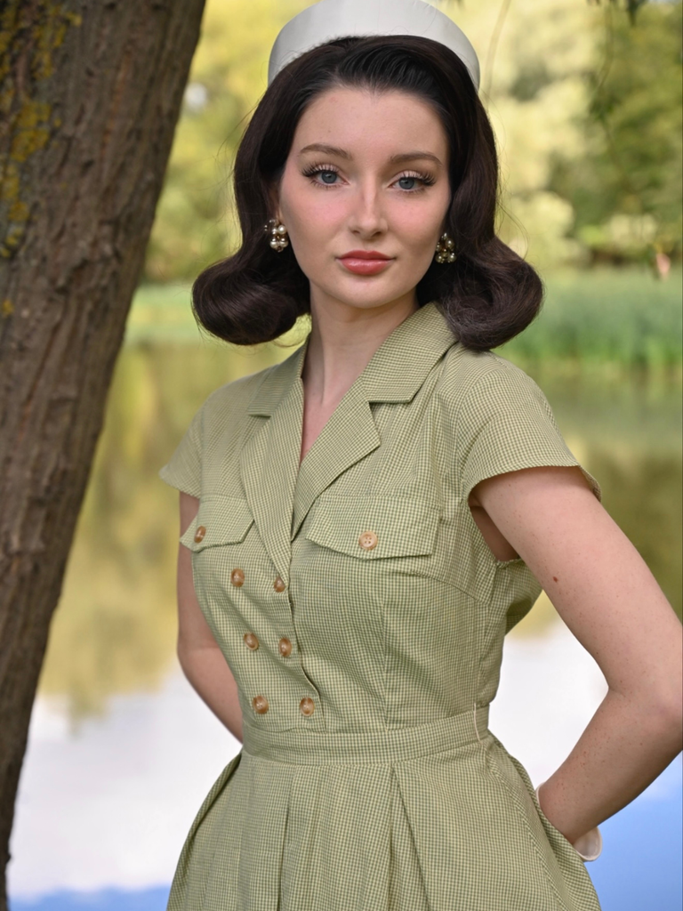Green 1940s Lace Plaid Cotton Patchwork Dress - vintage dress, retro fashion