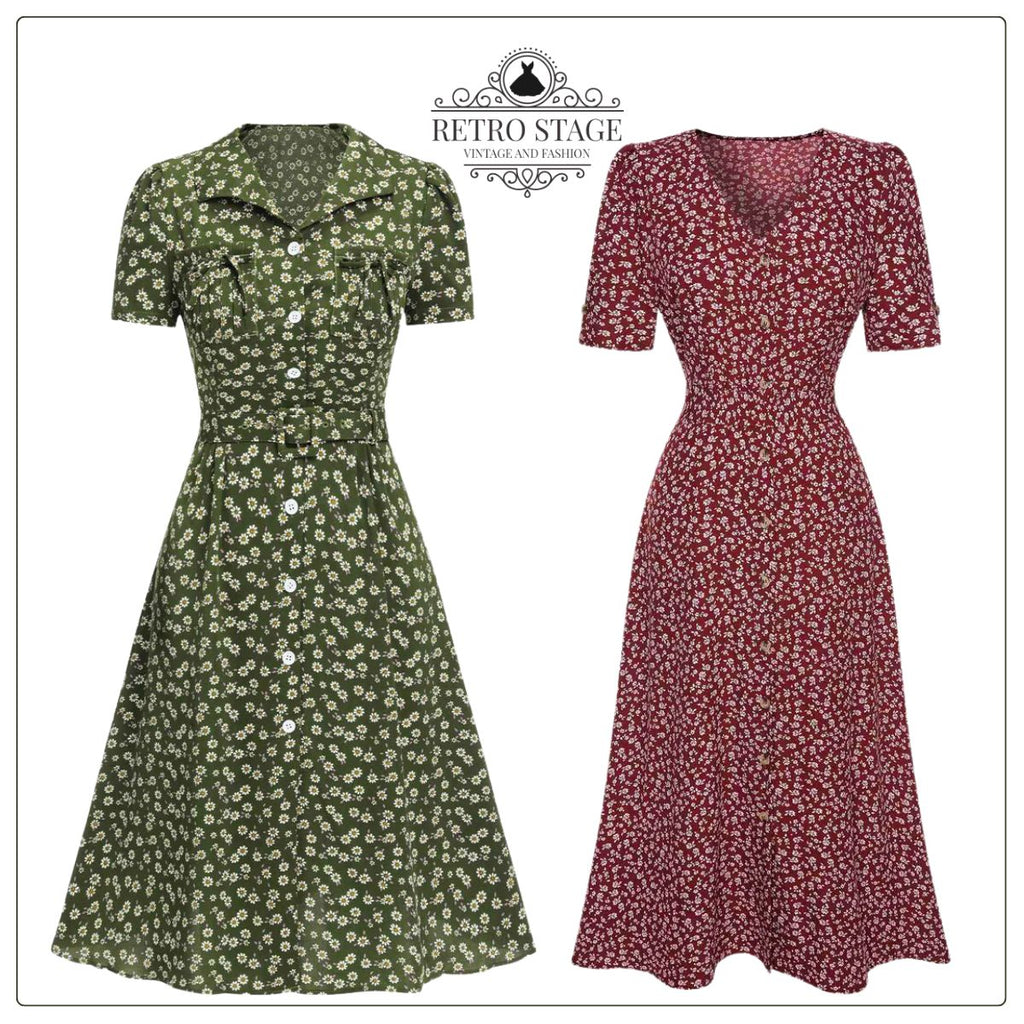 Green 1940s Lapel Buttons Ditsy Floral Dress, vintage dress, retro fashion, floral print - perfect for women who love vintage and retro fashion