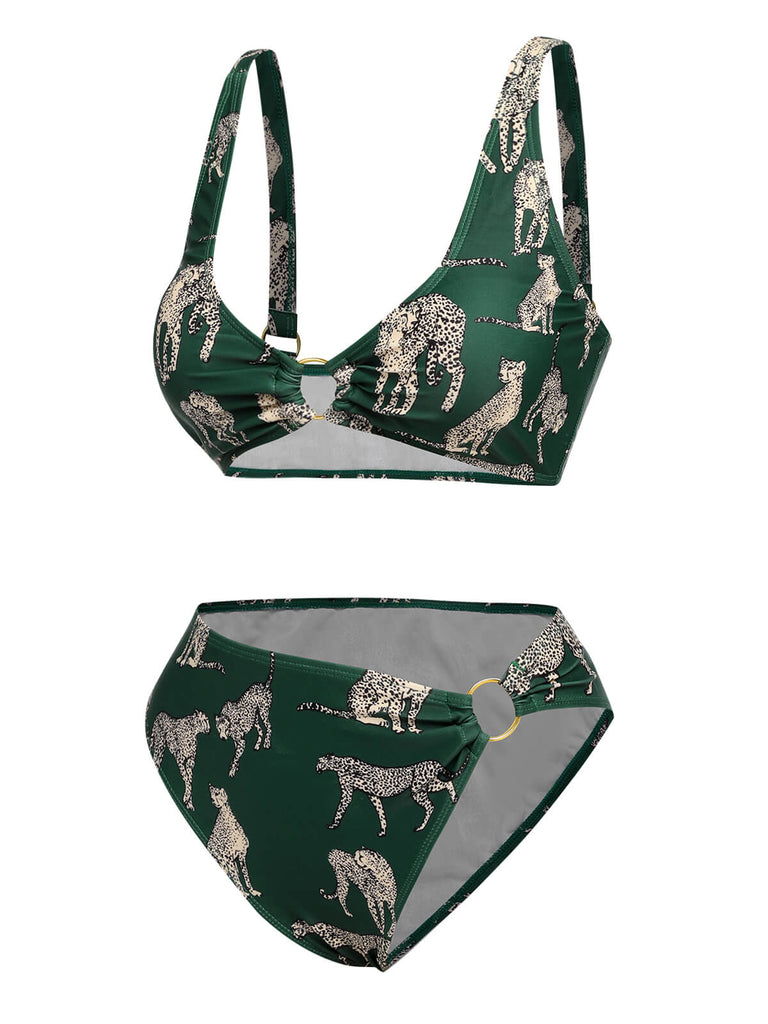 Green 1940s Leopard Halter Split Swimsuit, vintage swimsuit, pin-up swimwear - perfect for women who love vintage and retro fashion