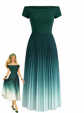 Green 1940s Off-Shoulder Pleated Gradient Dress - vintage dress, retro fashion