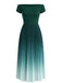 Green 1940s Off-Shoulder Pleated Gradient Dress - vintage dress, retro fashion